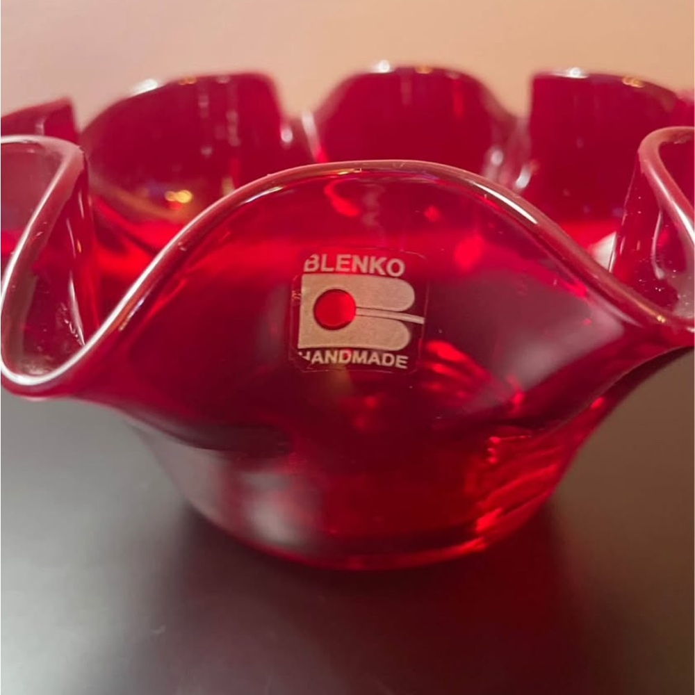 Blenko Ruffle Edge Red Glass Bowl w/Sticker